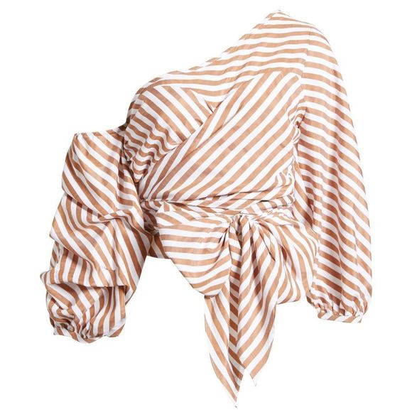 NWT StyleKeepers Wrap Me in Love One-Shoulder Top Size M Brown & White Striped - Picture 6 of 12